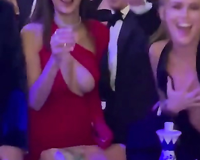 Nina Dobrev naked - Ample cleavage in peekaboo scarlet dress (2022)