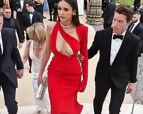 Nina Dobrev naked - Ample cleavage in peekaboo scarlet dress (2022)